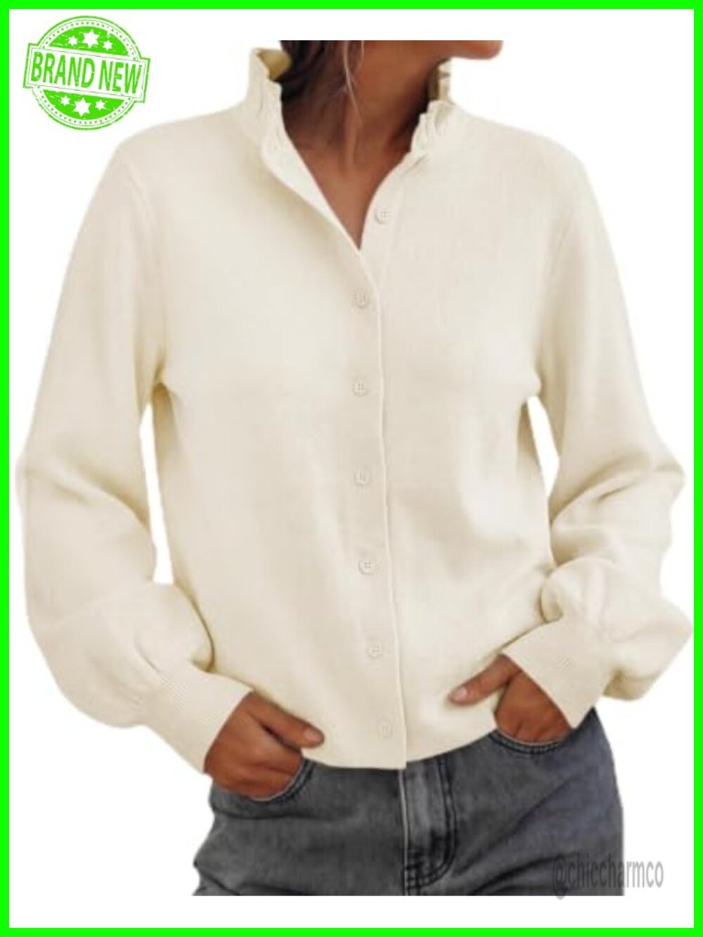 Womens Lightweight Knit Cardigan Puff Long Sleeve Ruffle Collar Button Down